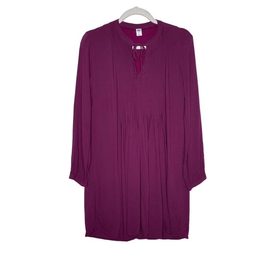 Old Navy Long Sleeve Pleated Mini Tunic Shift Dress Lined Purple Small Tie Neck